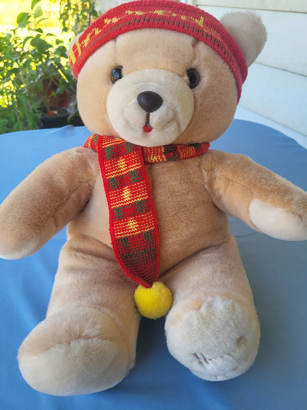 Harrods Tan Plush Teddy Bear with Red and Yellow Knit Hat & Scarf
